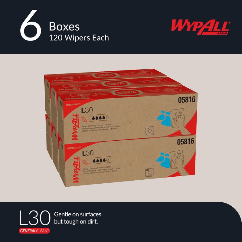 WypAll GeneralClean L30 Cloths Heavy Duty Cleaning Wipes (05816), Pop-Up Box, Strong and Soft Bulk Paper Wipers, White (6 Packs of 120 Sheets, 720 Sheet Total) - Image 2